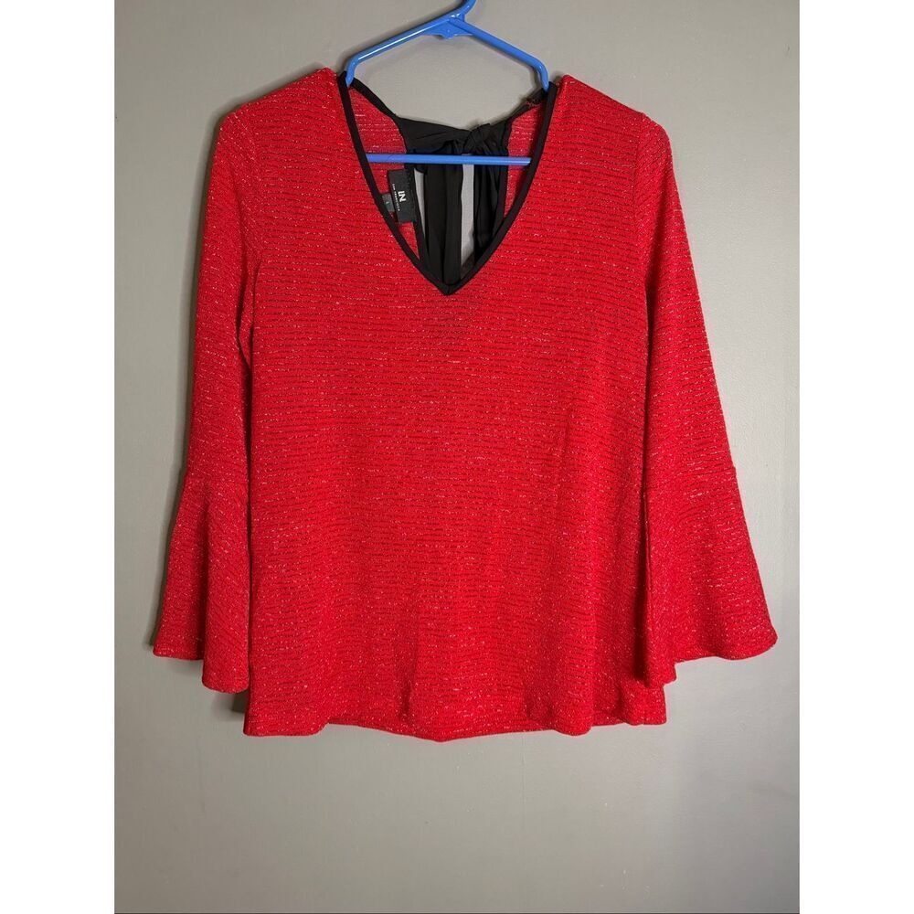 I.N. San Francisco Long Sleeve Bell Sleeve V Neck Bow Back Shirt Size L